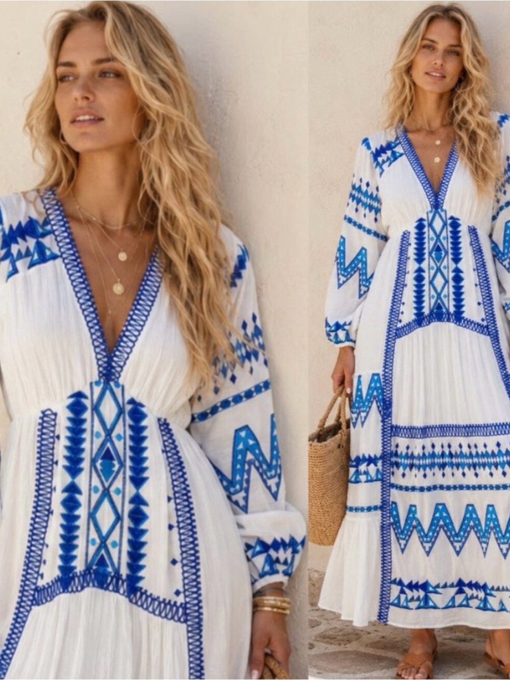 🆕 Hale Bob Women’s S White Blue Embroidered Boho Maxi Dress